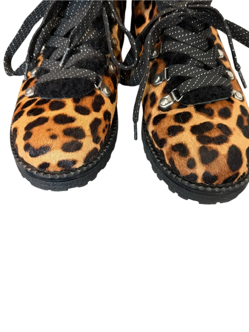 J. Crew Nordic Boots In Leopard Calf Fur Cuff Hiking Ankle Boots